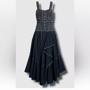 Ulla Johnson Dress Nerida Size 2 Navy Blue Embroidered Ruffle Cotton Sleeveless